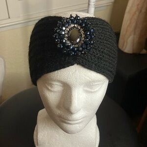 🖤💎Black Stretchy Knit Headband W/Blk Beads & Clear Crystal Broach In Front O/S